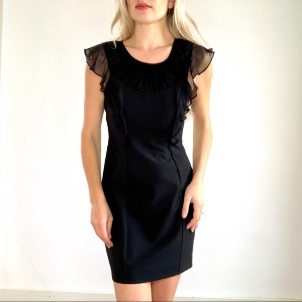 Black Ruffle Sheath Dress Deep V-Back Exposed Zipper Cocktail Mini Dress